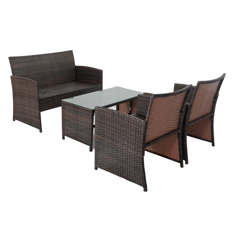 4 PCS Outdoor Rattan Sofas with Table Set, Soft Cushions and Tempered Glass Coffee Table