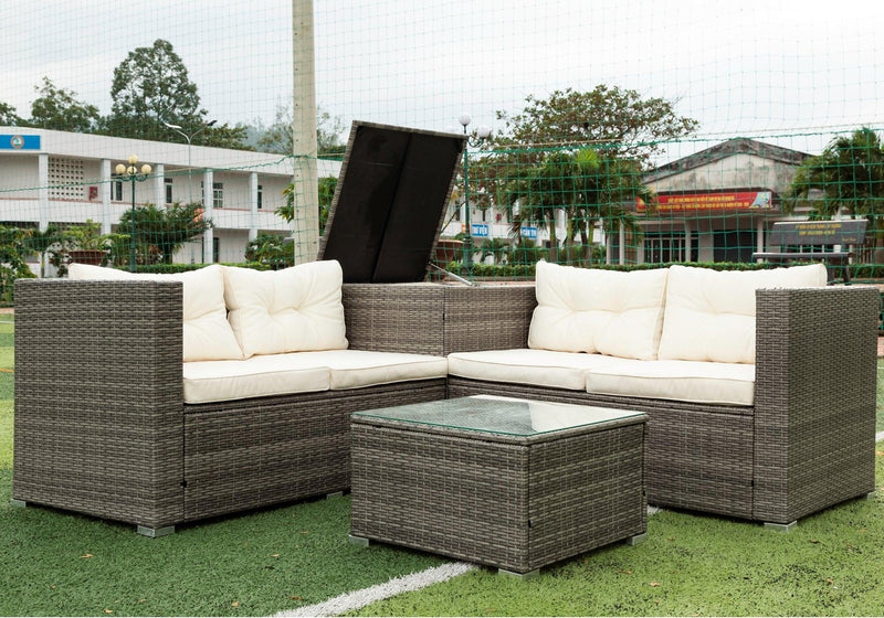 4 PCS Patio Sectional Wicker Rattan Outdoor Furniture Sofa Set withStorage Box and Creme Cushion