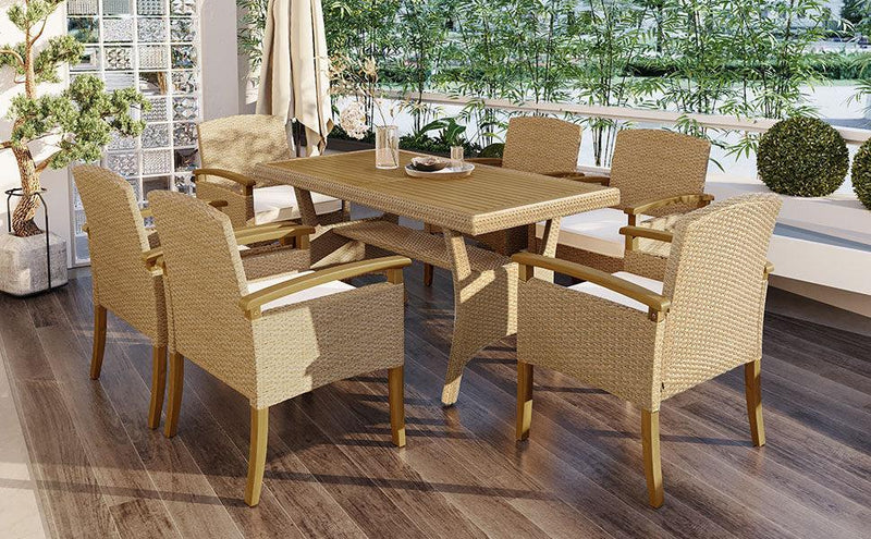 Outdoor Patio 7 PCS Dining Table Set All Weather PE Rattan Dining Set with Wood Tabletop and Cushions for 6, White