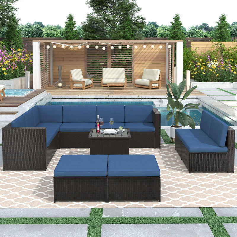 9 PCS Outdoor Black Rattan Sectional Seating Group with Blue Cushions and Ottoman
