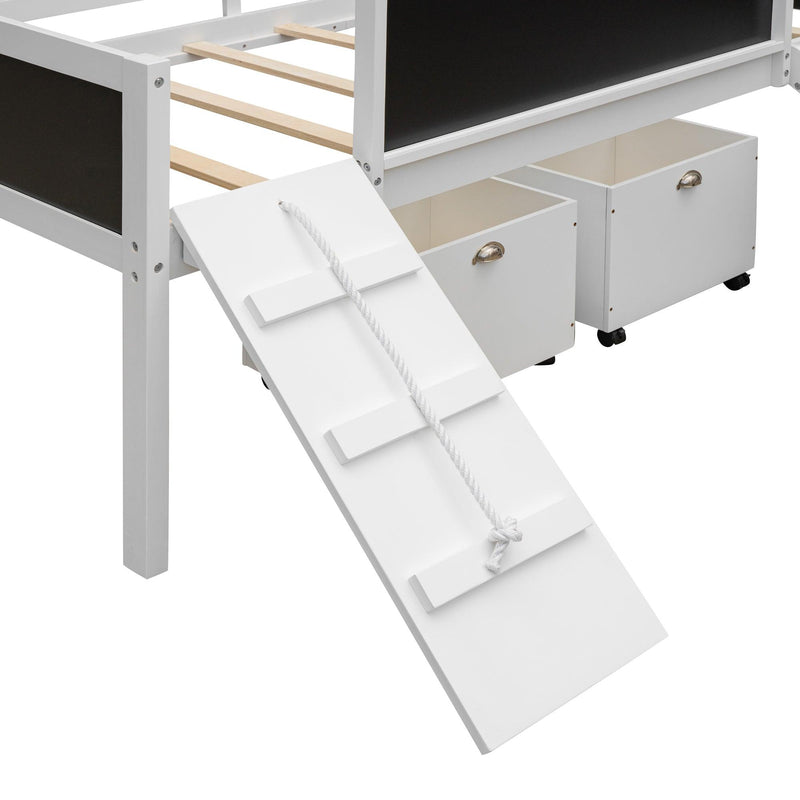 Twin size Loft Bed Wood Bed with TwoStorage Boxes - White