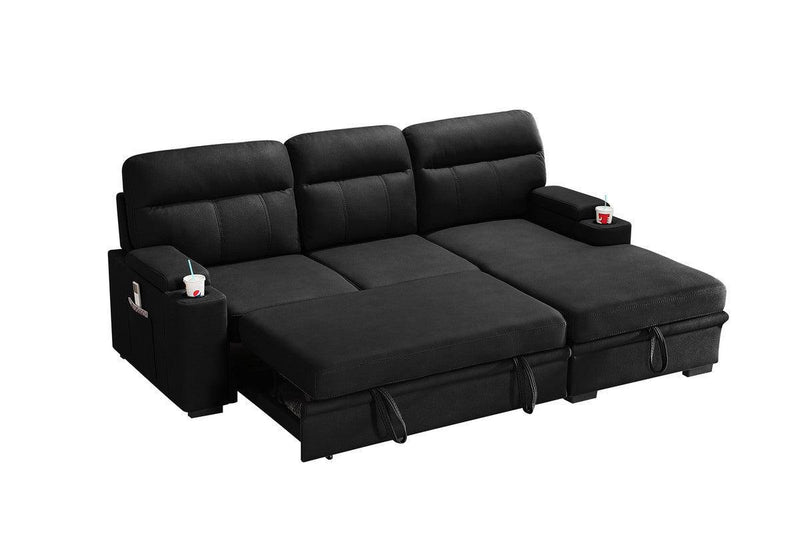 Kaden Black Fabric Sleeper Sectional Sofa Chaise withStorage Arms and Cupholder