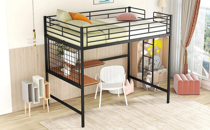 Full Metal Loft Bed with Desk and Metal Grid, Black