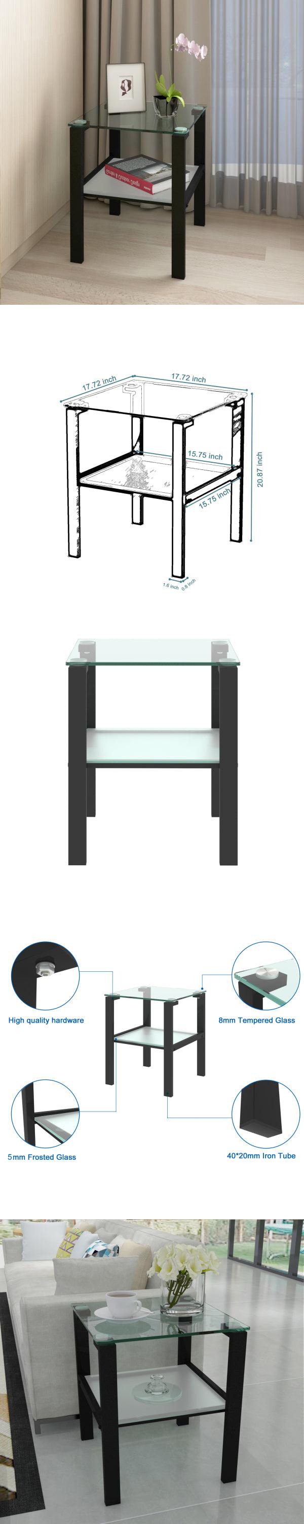 Glass two layer tea table, small round table, bedroom corner table, living room black side table