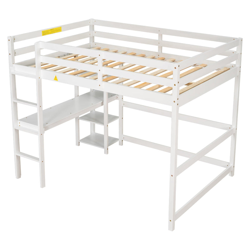 Full Loft Bed with Desk and Shelves,White