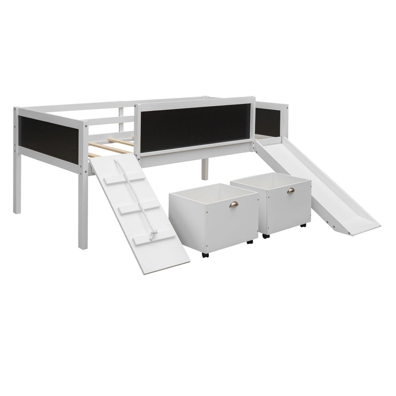Twin size Loft Bed Wood Bed with TwoStorage Boxes - White