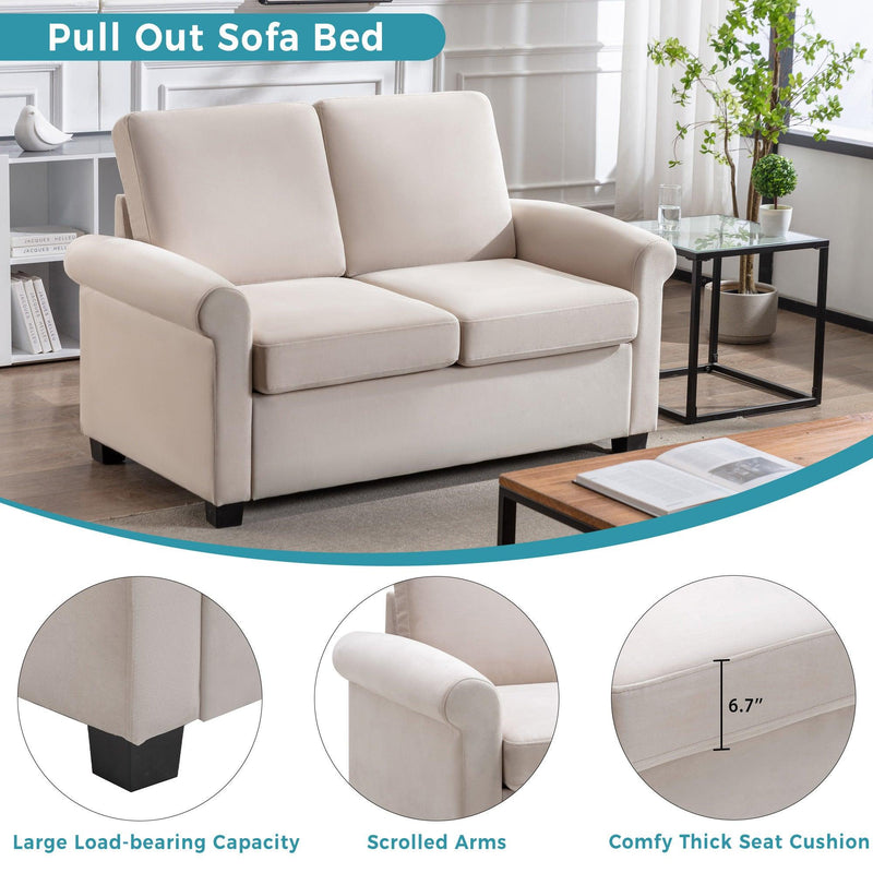 58.3" Pull Out Sofa Bed,Sleeper Sofa Bed with Premium Twin Size Mattress Pad,2-in-1 Pull Out Couch Bed,Loveseat Sleeper for Living Room,Small Apartment, Beige White