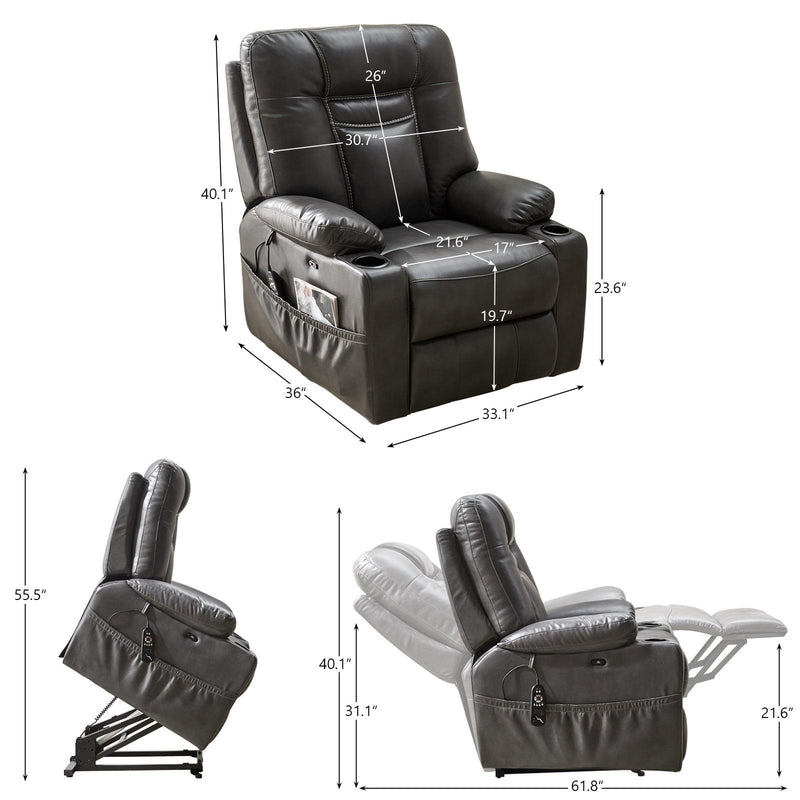 Large size Electric Power Lift Recliner Chair Sofa for Elderly, 8 point vibration Massage and lumber heat, Remote Control, Side Pockets and Cup Holders, cozy fabric, overstuffed arm, heavy duty 230LB