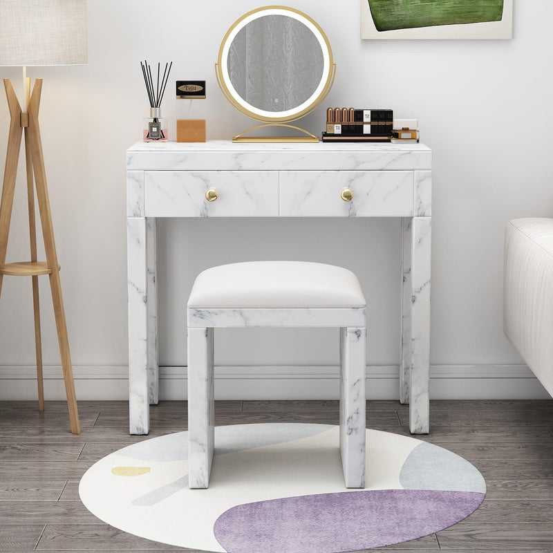 White Vanity Set, Tempered Glass Vanity, Dressing Table with Soft Cushioned Stool for Bedroom Studio