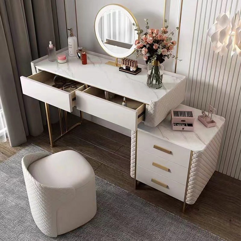 Makeup Vanity Set with LED Lighted Mirror, 5 Drawers,Modern Dressing Table Sintered Stone, Stool, For Bedroom, 47.24'', White