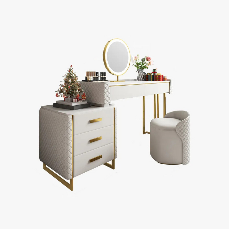 Makeup Vanity Set with LED Lighted Mirror, 5 Drawers,Modern Dressing Table Sintered Stone, Stool, For Bedroom, 47.24'', White