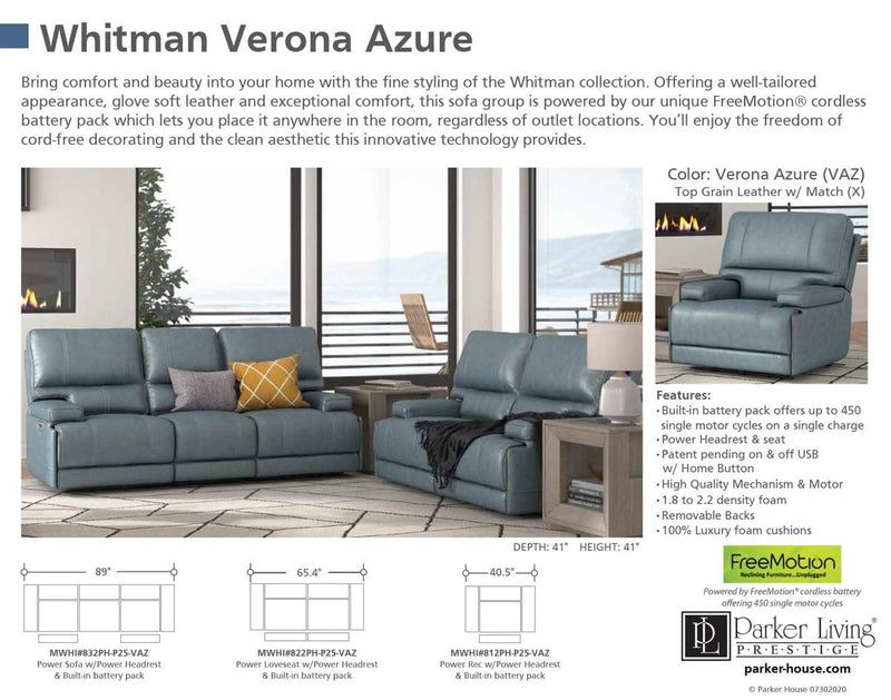 Parker House Whitman Power Cordless Sofa in Verona Azure