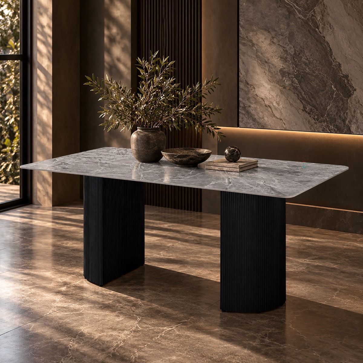 Leander - Dining Table With Ceramic Top - Gray & Black