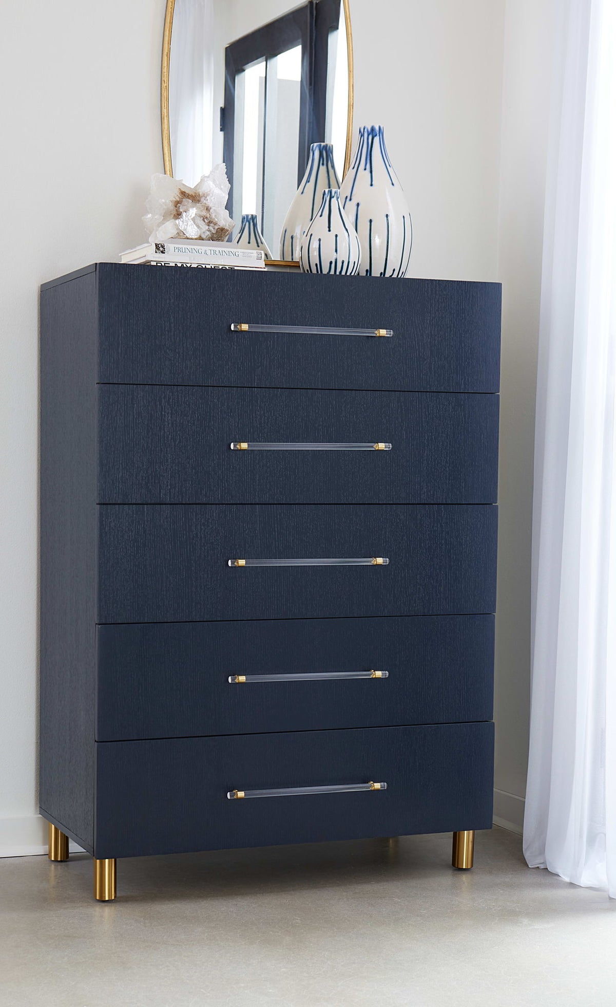 Argento - Five Drawer Chest - Navy Blue And Burnished Brass (2024)