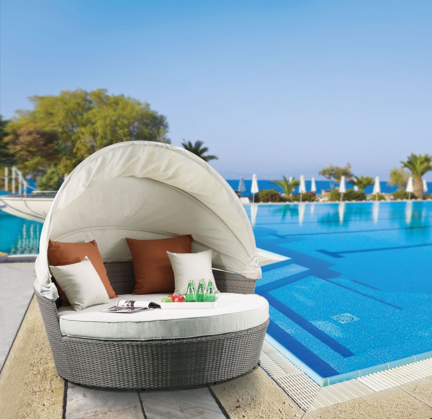 Salena - Patio Canopy Sofa With 4 Pillows & Ottoman - Beige Fabric & Gray Wicker - Urban Living Furniture (Los Angeles, CA)