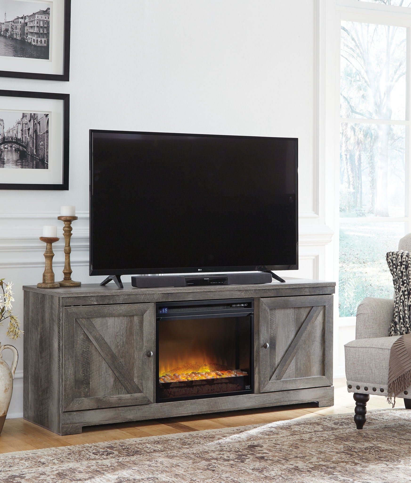 Wynnlow - Gray - 63" TV Stand With Glass/Stone Fireplace Insert - Urban Living Furniture (Los Angeles, CA)