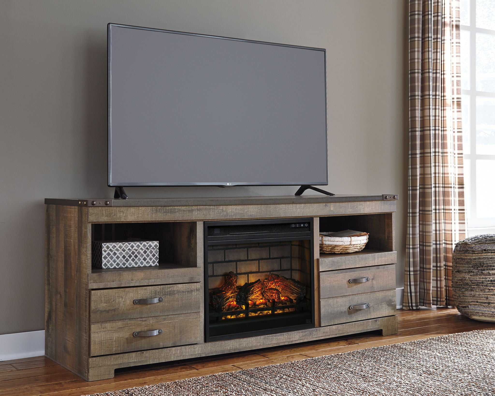 Trinell - Brown - 63" TV Stand With Glass/Stone Fireplace Insert - Urban Living Furniture (Los Angeles, CA)
