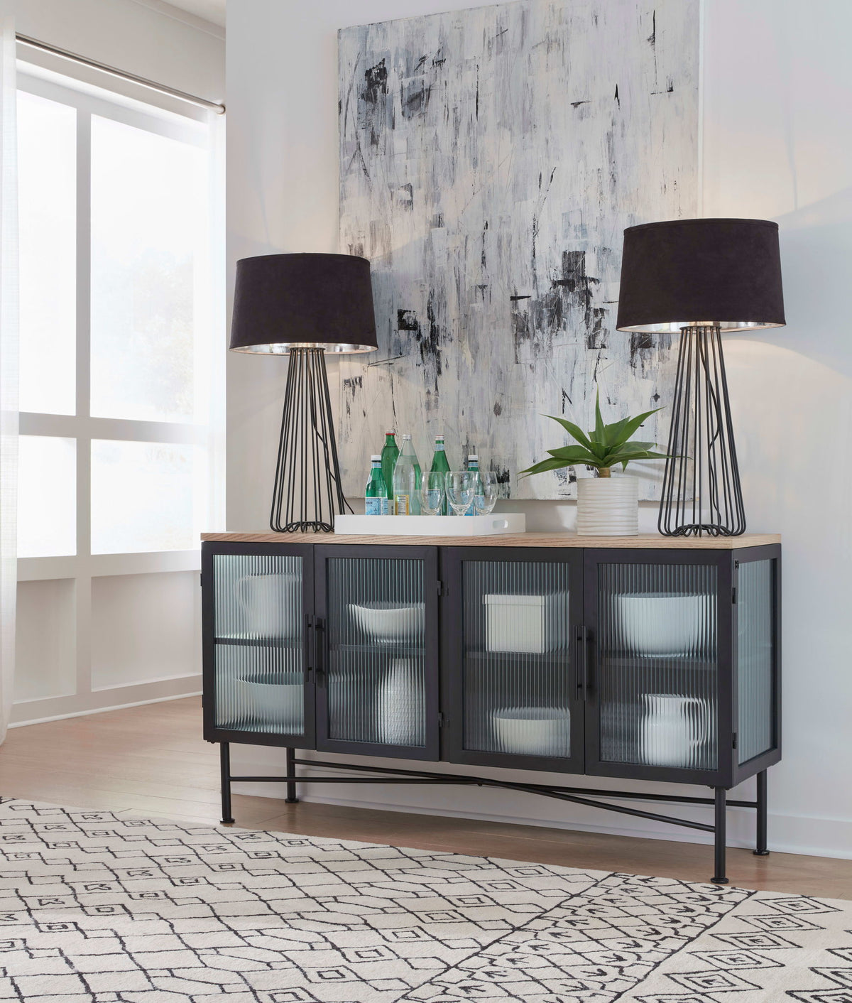 Aere - Four Door Ribbed Glass, Metal And Wood Sideboard - Natural Ash And Black