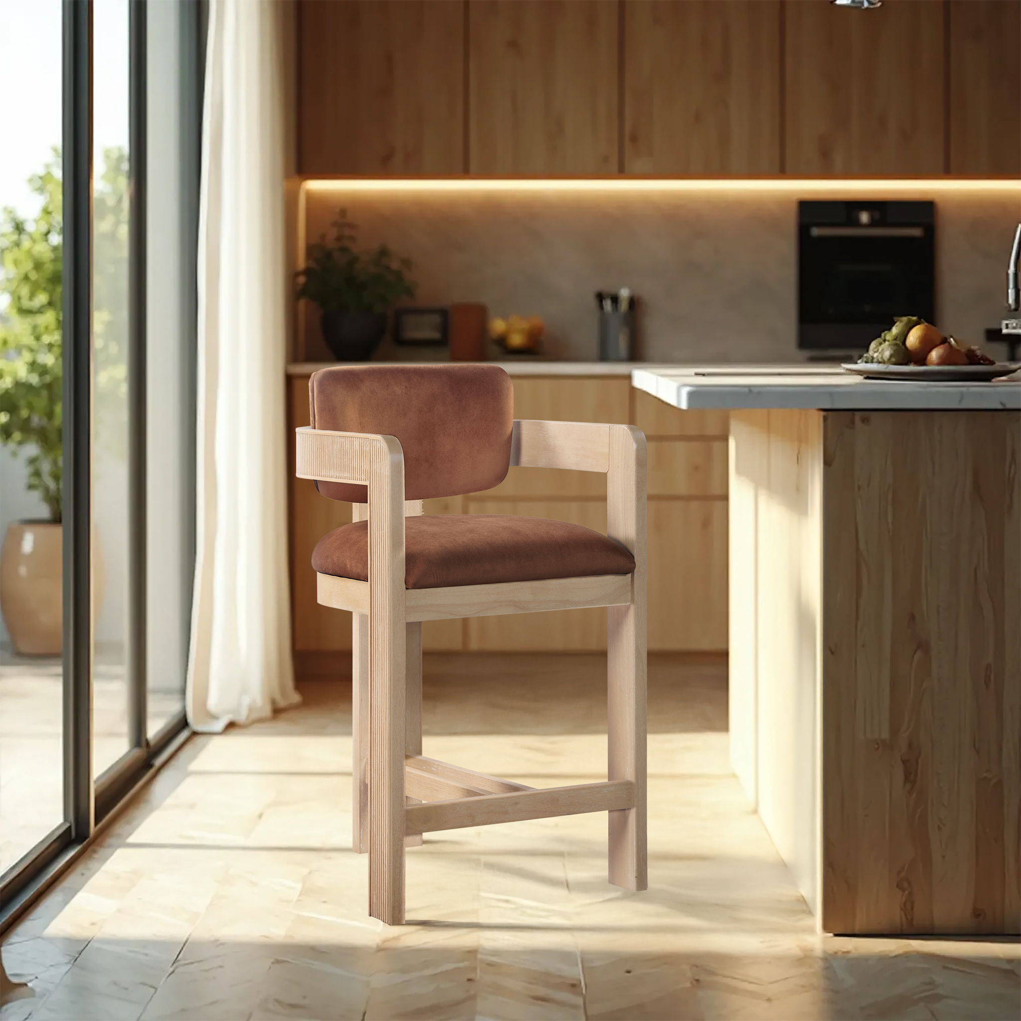 Sacha - Velvet Stool With Natural Base - Urban Living Furniture (Los Angeles, CA)