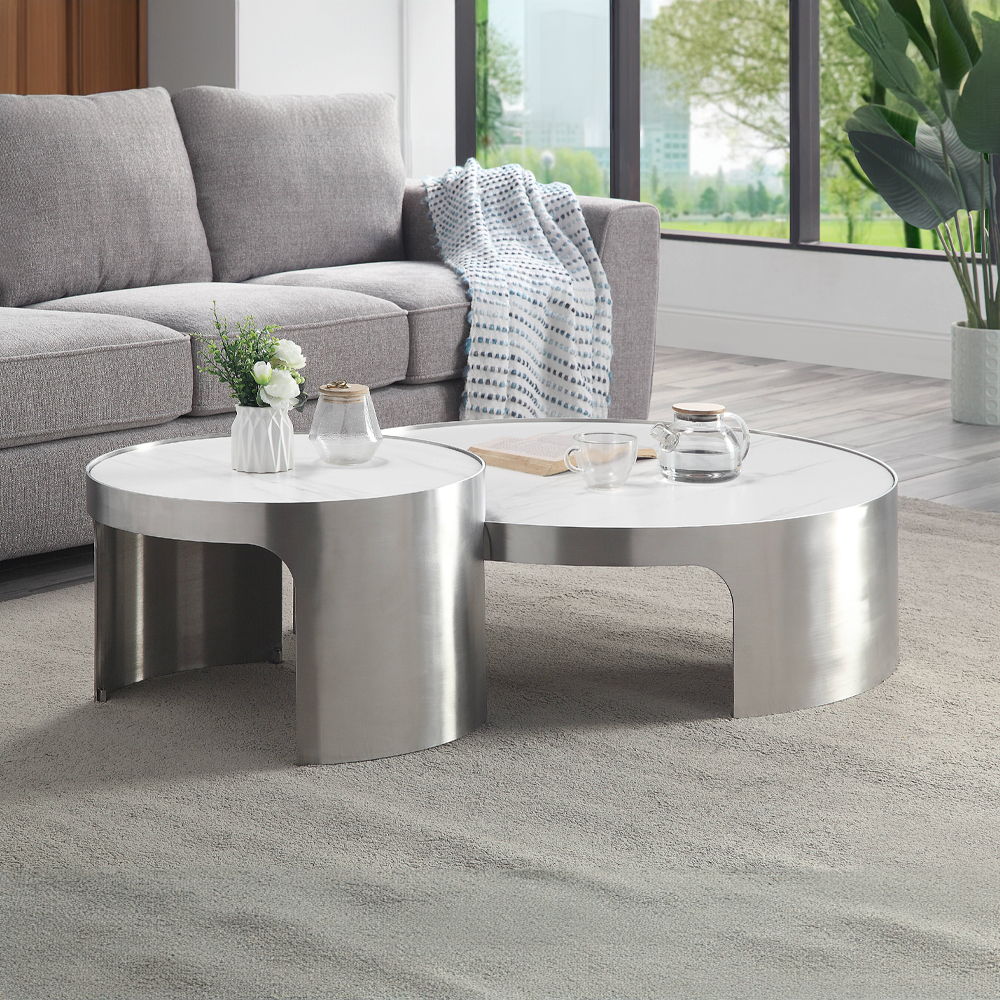 Abilene - Nesting Coffee Table Set - Marble Top & Brush Silver - Urban Living Furniture (Los Angeles, CA)