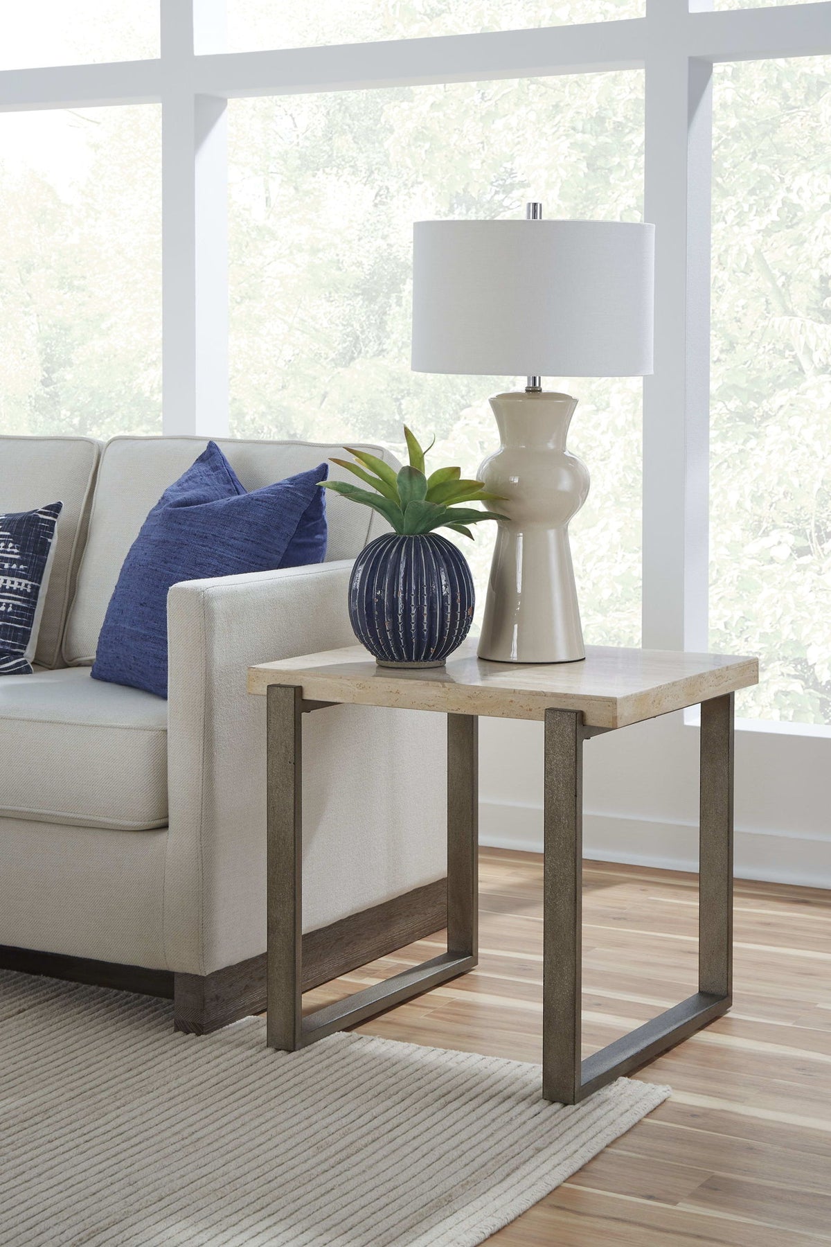 Ariela - Natural Travertine Table With Bronze Metal Base