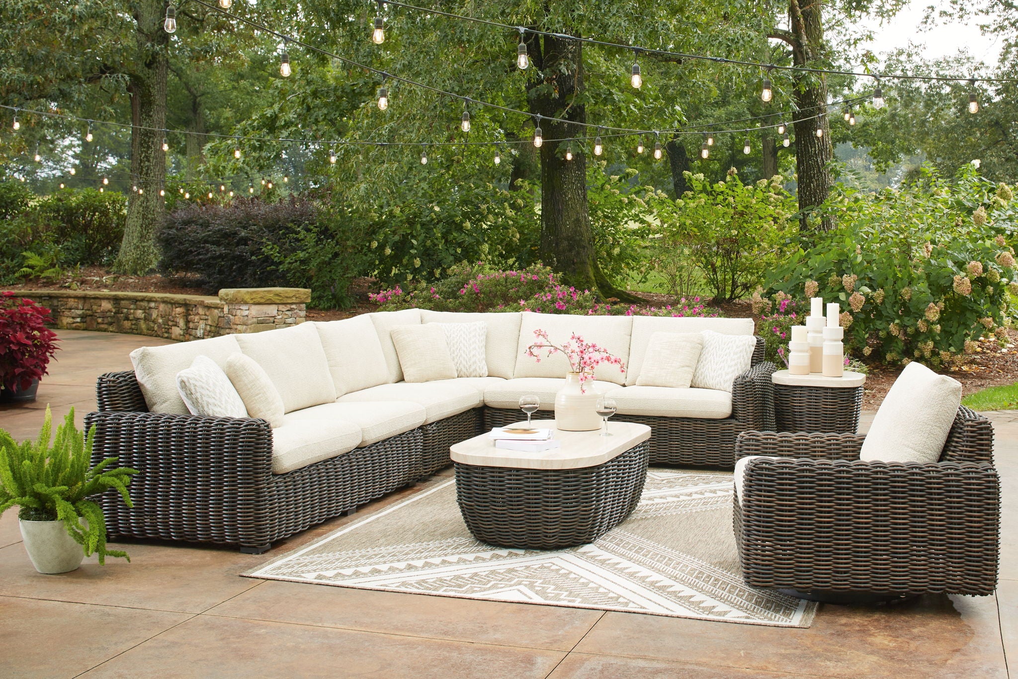 Kimora - 7 Pc. - 4-Piece Outdoor Sectional, Swivel Glider Lounge, Cocktail Table, End Table - Beige / Dark Brown - Urban Living Furniture (Los Angeles, CA)
