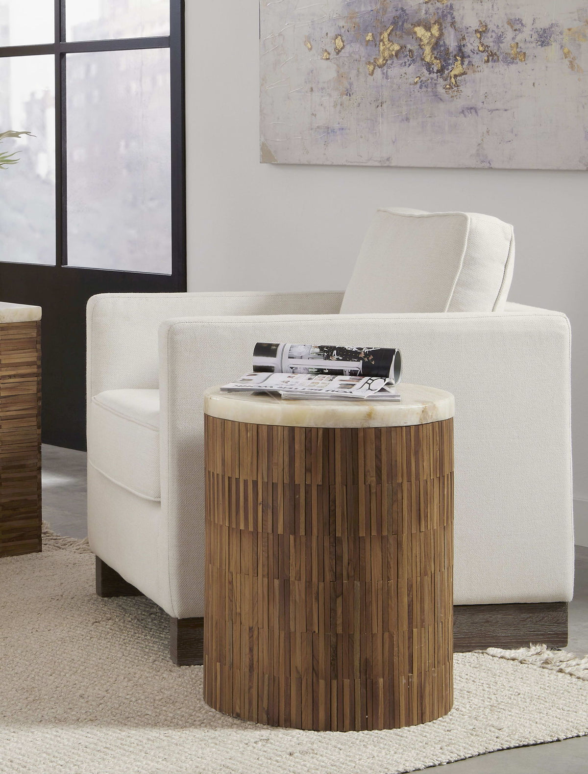 One - Stone Wood Tile Round End Table - Onyx And Solid Teak