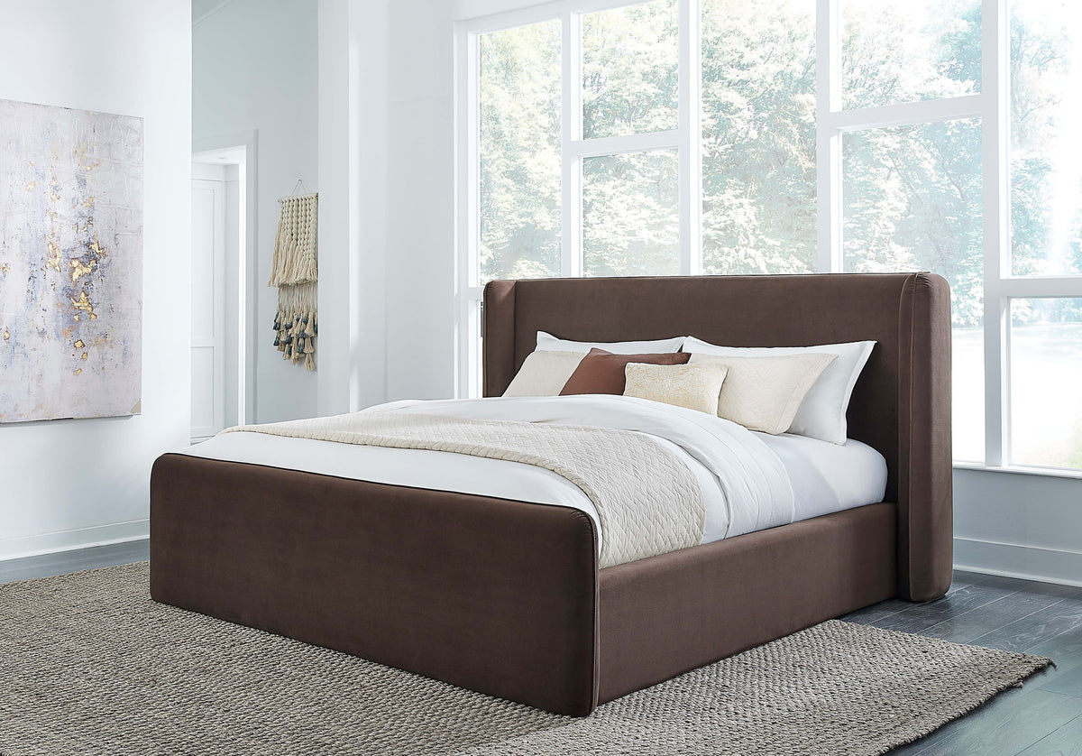 Formosa Bacall - Queen Velvet Upholstered Wingback Platform Bed - Cola