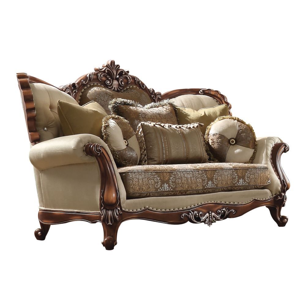 Latisha - Loveseat With 6 Pillows (Same Lv01577) - Tan, Pattern Fabric & Antique Oak - Urban Living Furniture (Los Angeles, CA)