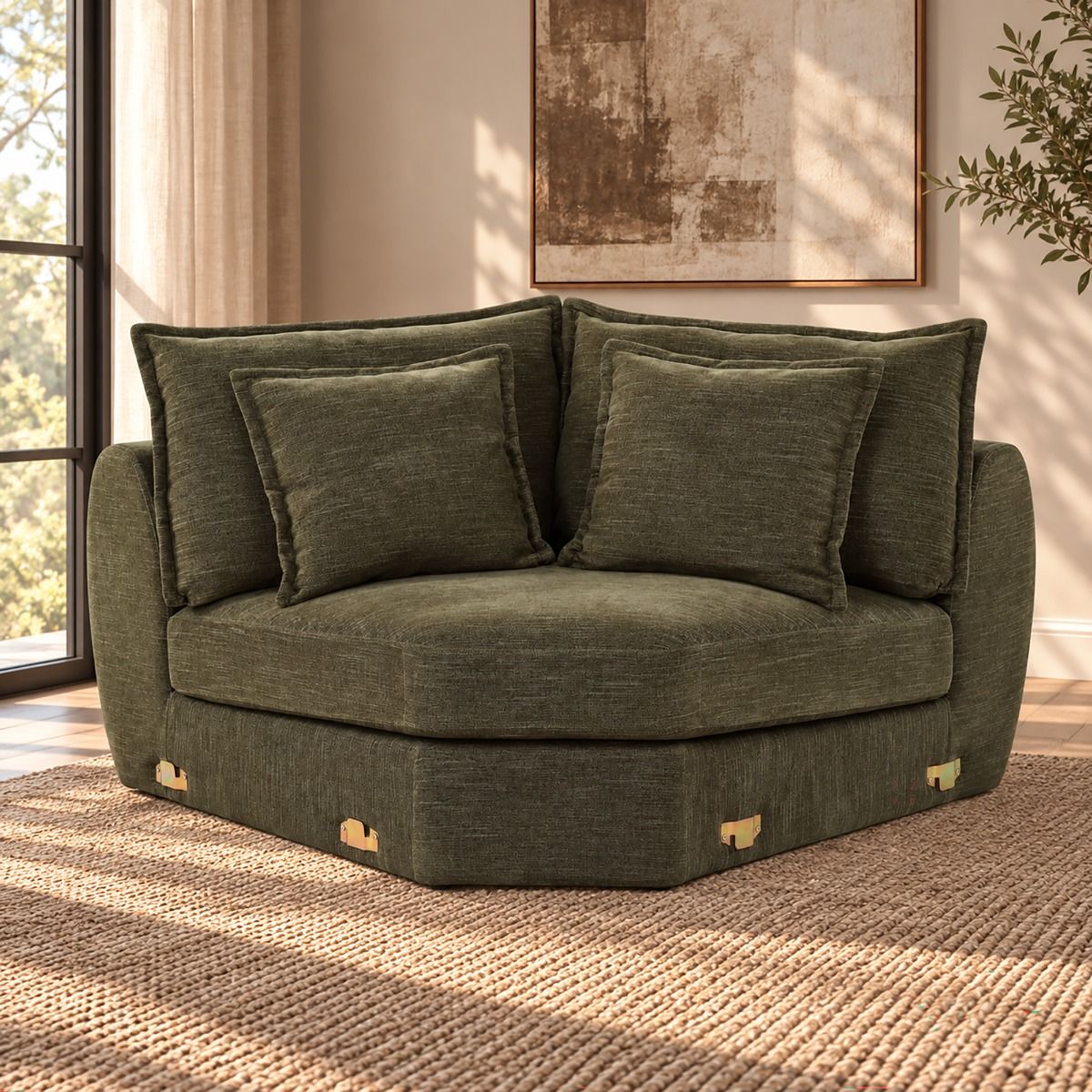Leighton - Modular Wedge With 4 Pillows - Green Chenille