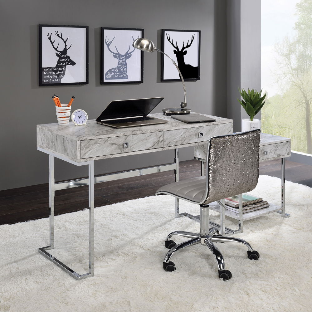 Tigress - Writing Desk - White Printed Faux Marble Top & Chrome - Urban Living Furniture (Los Angeles, CA)