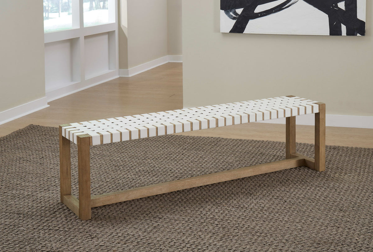 One - Woven Leather And Solid Wood Dining Bench - White And Bisque