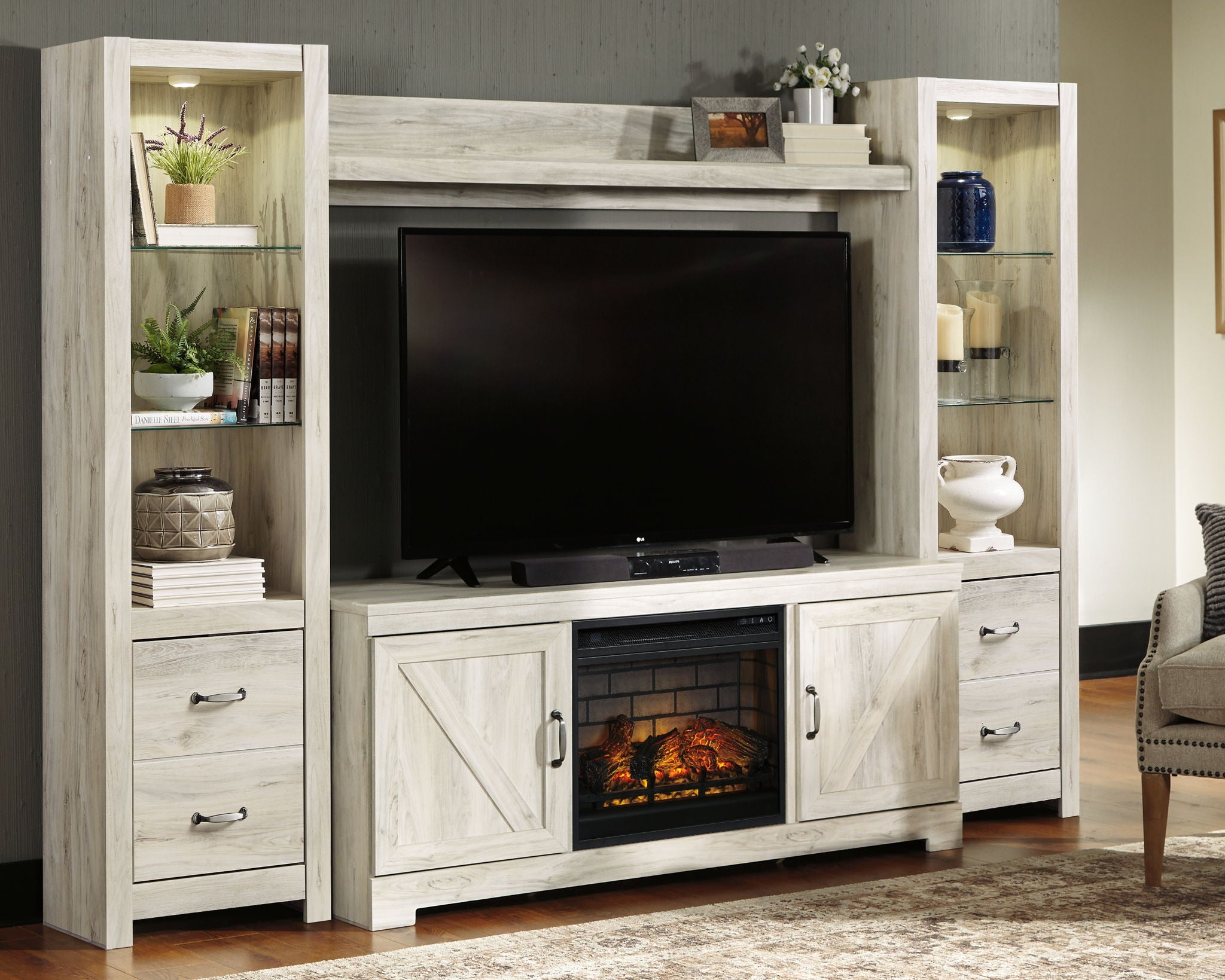 Bellaby - Whitewash - Entertainment Center - TV Stand With Faux Firebrick Fireplace Insert - Urban Living Furniture (Los Angeles, CA)