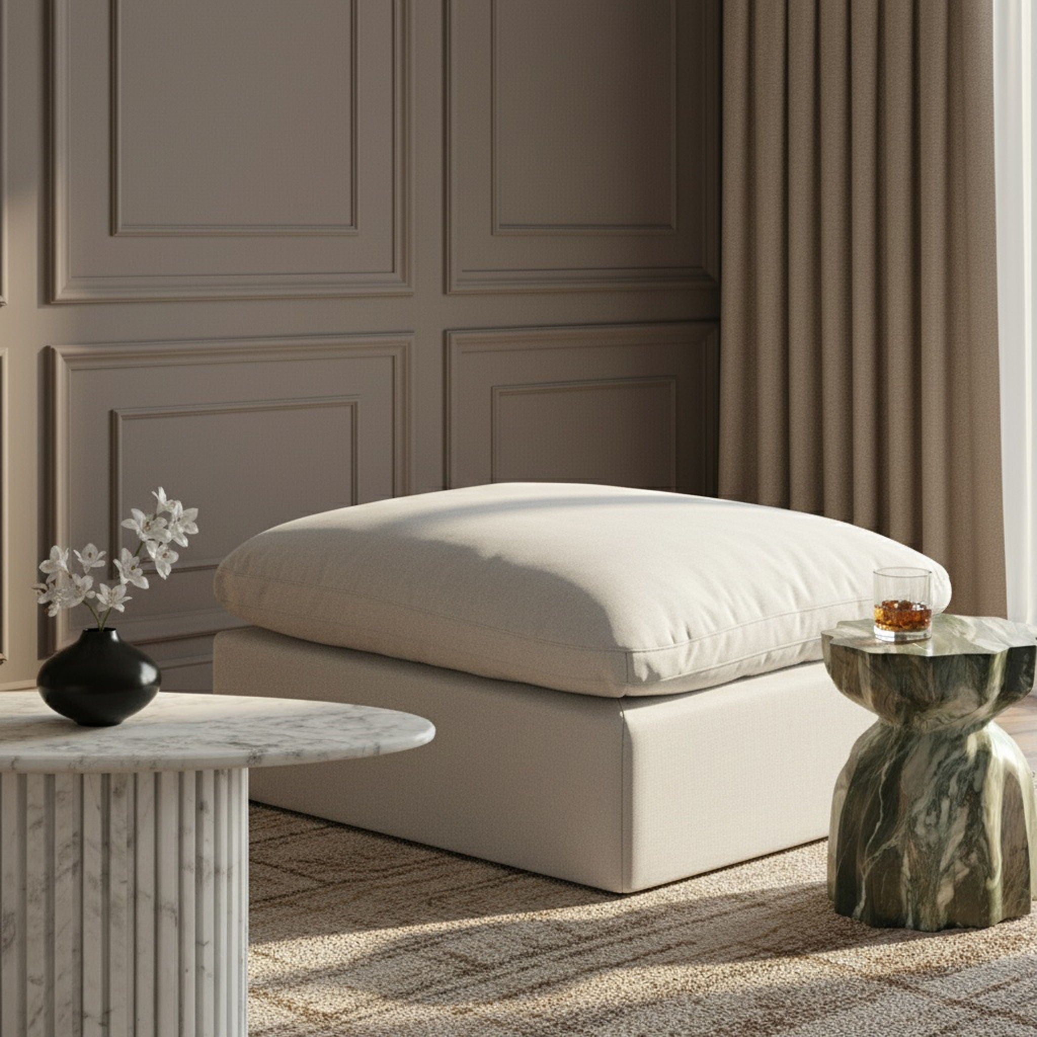 Indulge - Linen Ottoman - White