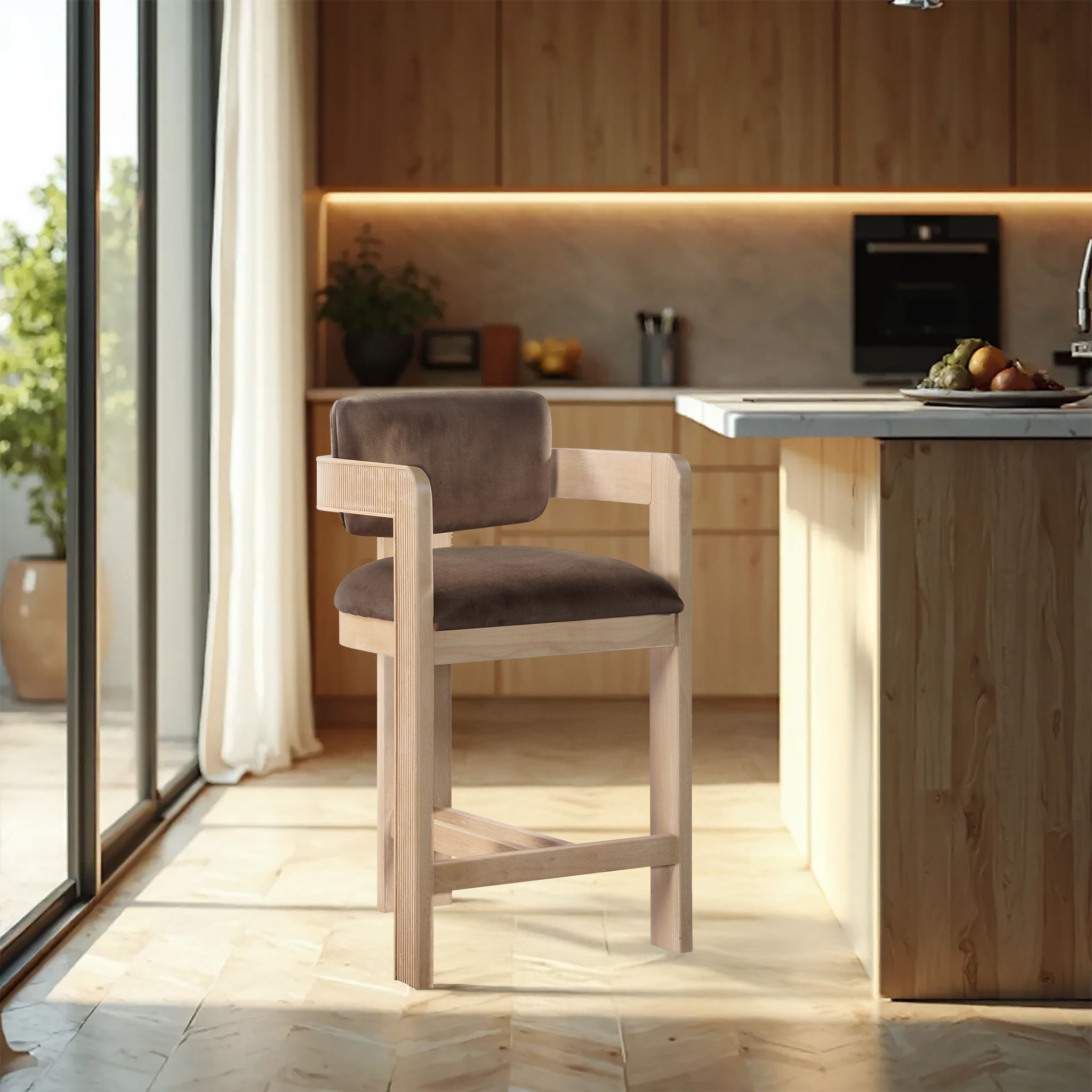 Sacha - Velvet Stool With Natural Base - Urban Living Furniture (Los Angeles, CA)