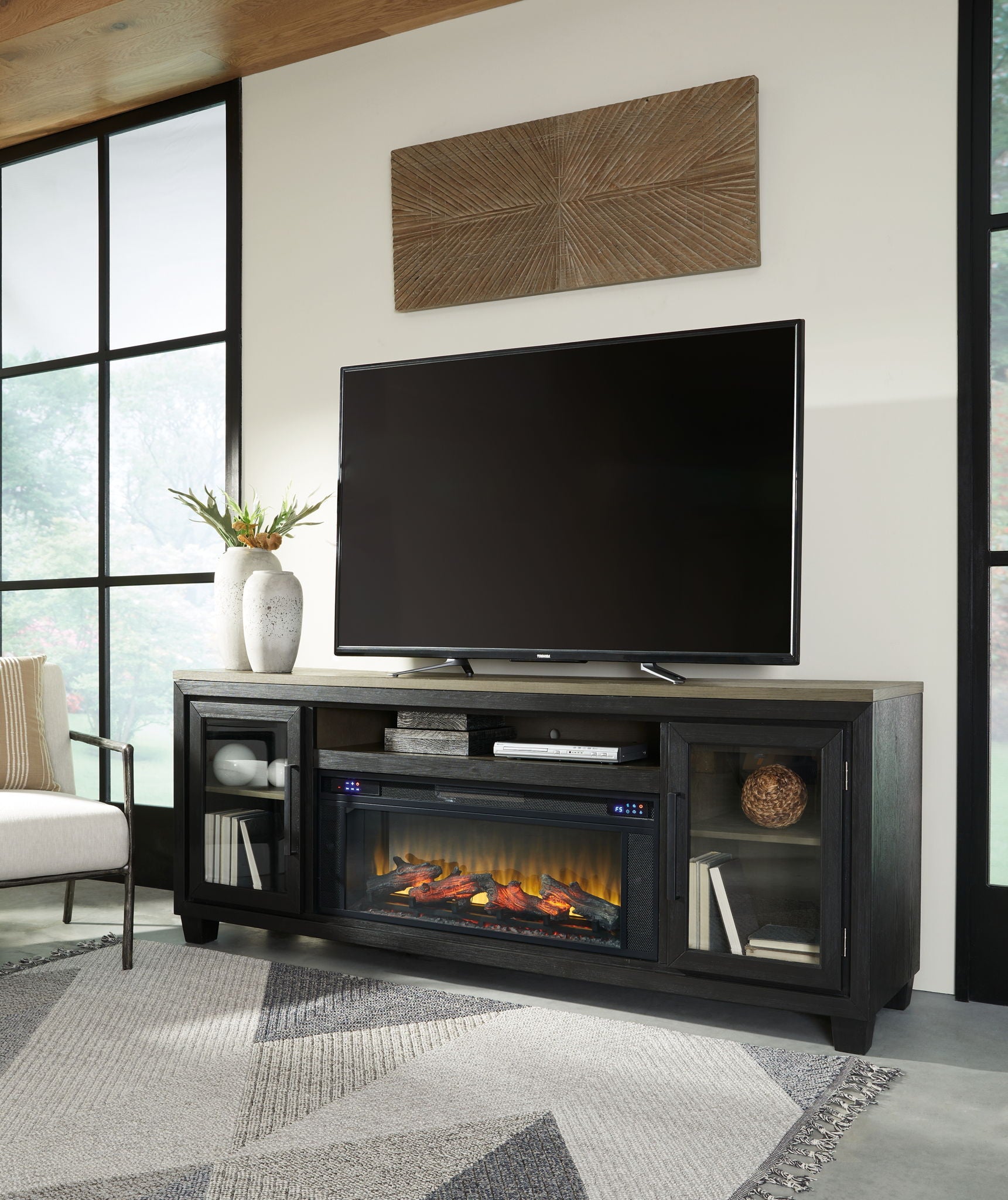 Foyland - Black / Brown - 83" TV Stand With Electric Infrared Fireplace Insert - Urban Living Furniture (Los Angeles, CA)