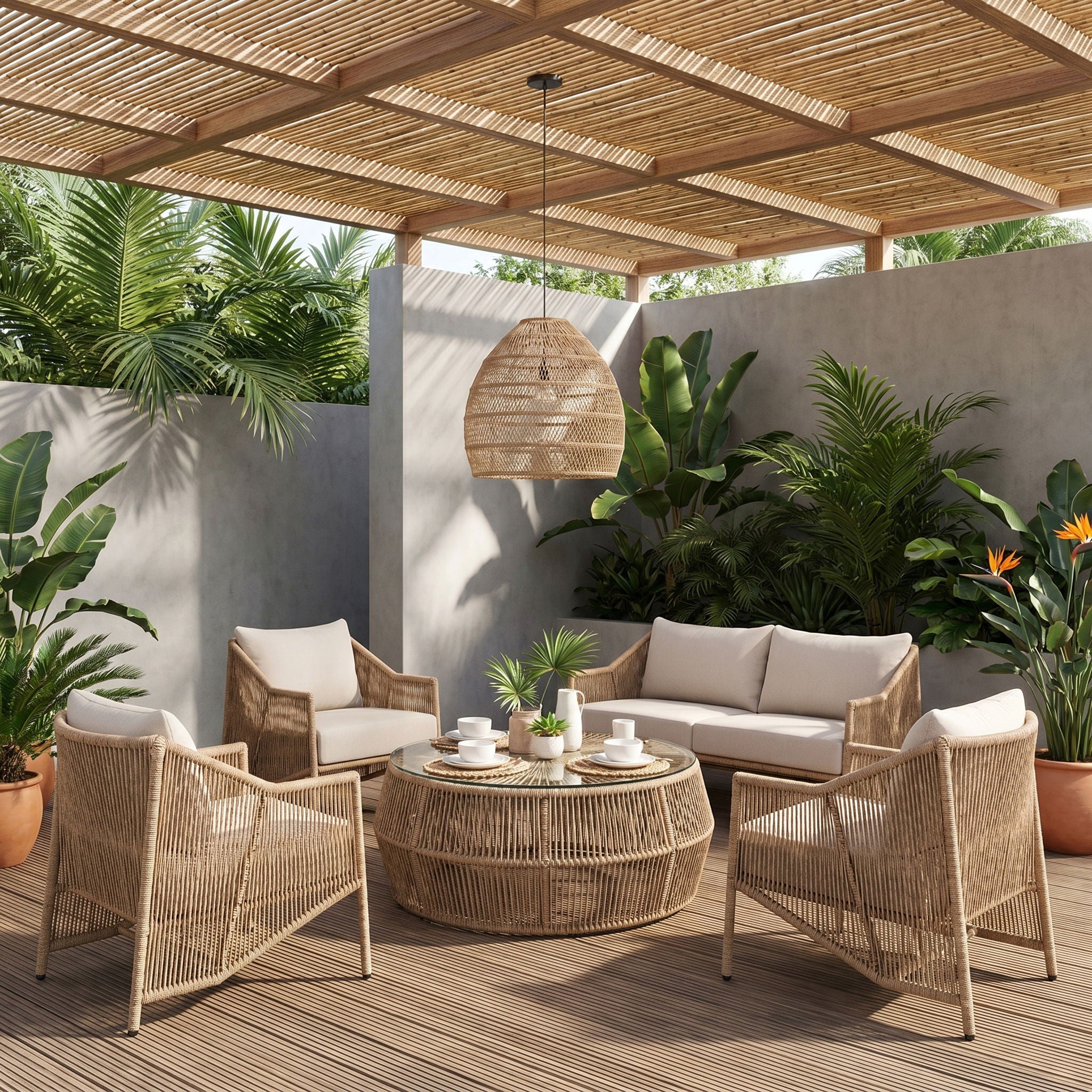 Coastline - Tempered Glass Top And Wicker Outdoor Patio Coffee Table - Natural | Natural - Urban Living Furniture (Los Angeles, CA)