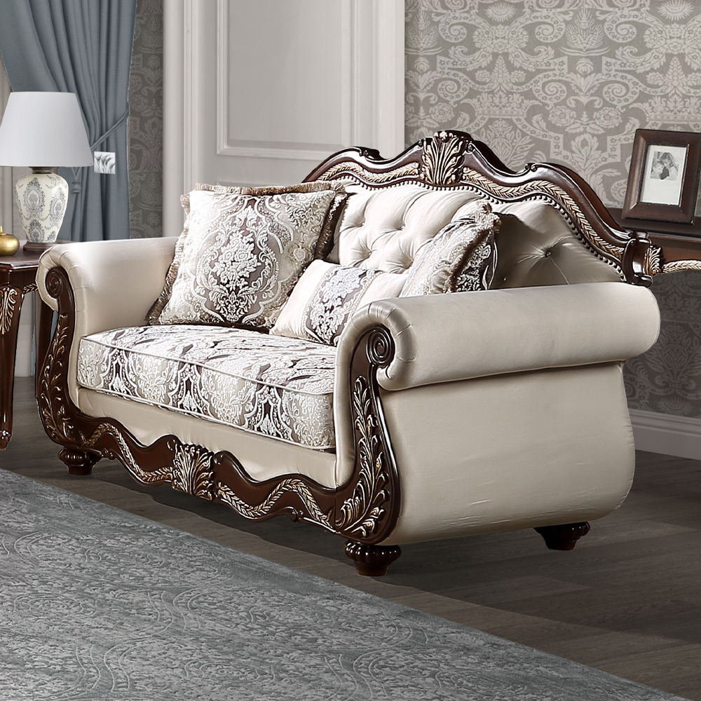 Pierce - Loveseat With 3 Pillows - Beige Fabric & Cherry Finish - Urban Living Furniture (Los Angeles, CA)