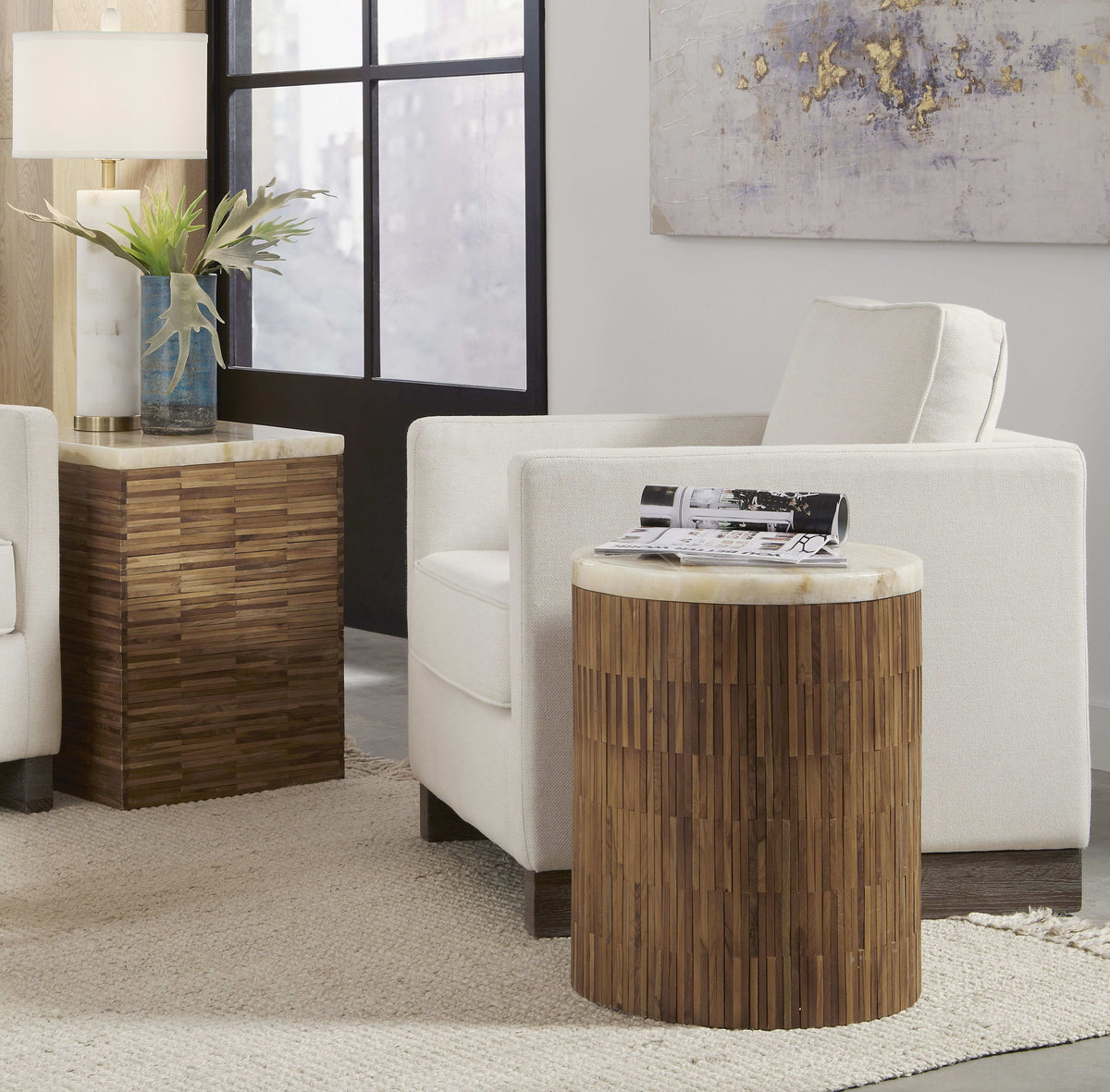 One - Stone Wood Tile End Table - Onyx And Solid Teak