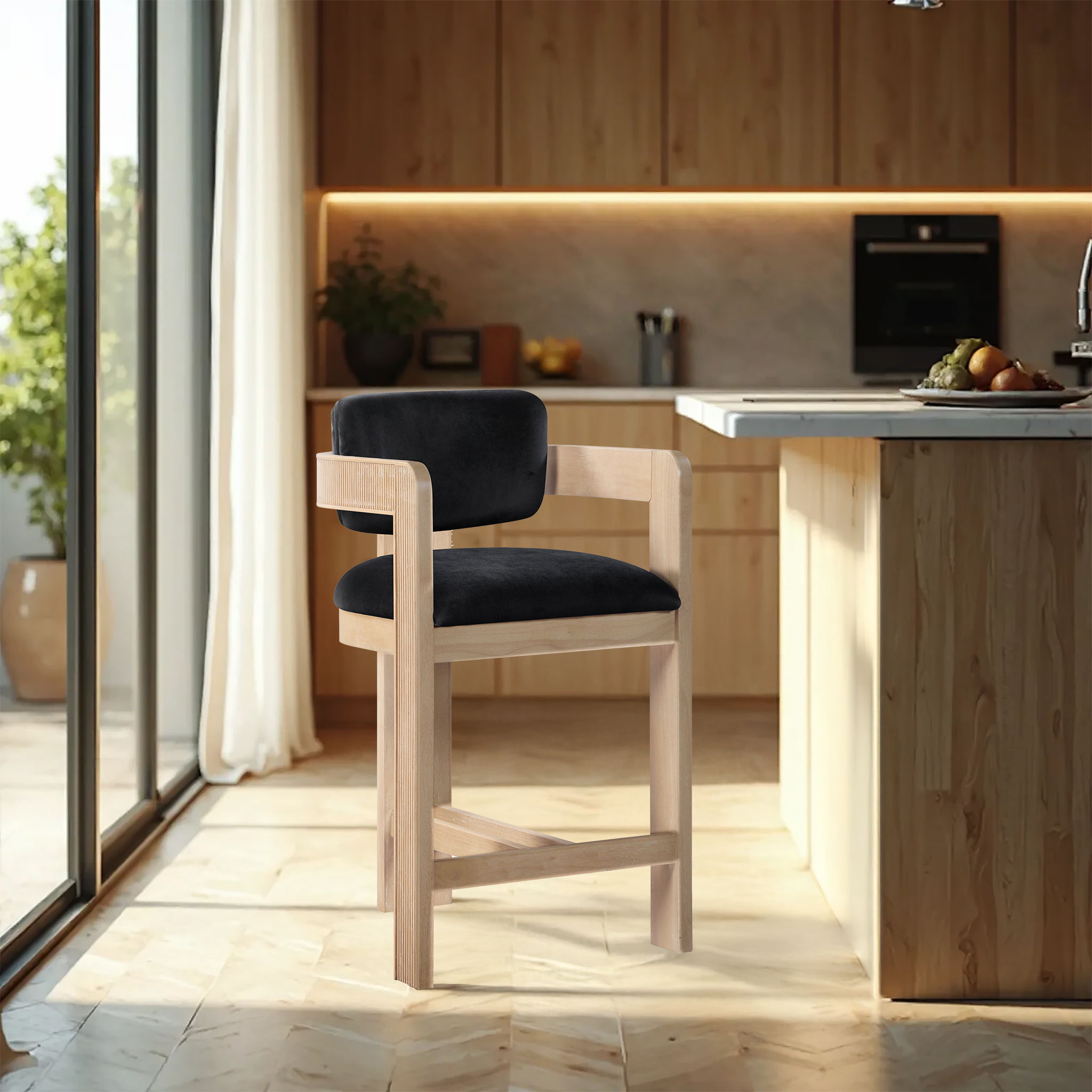 Sacha - Velvet Stool With Natural Base - Urban Living Furniture (Los Angeles, CA)