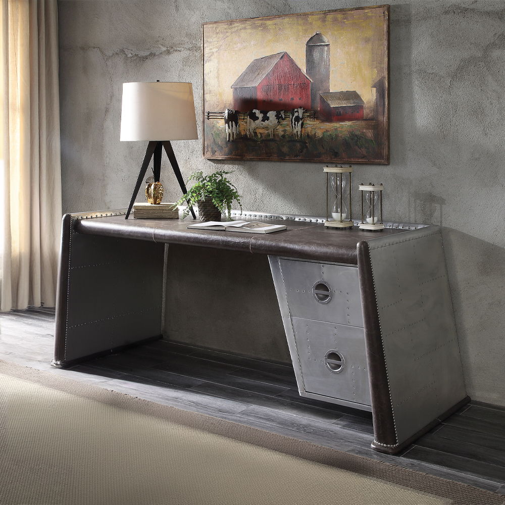 Brancaster - Executive Writing Desk - Distress Chocolate Top Grain Leather & Aluminum - Urban Living Furniture (Los Angeles, CA)