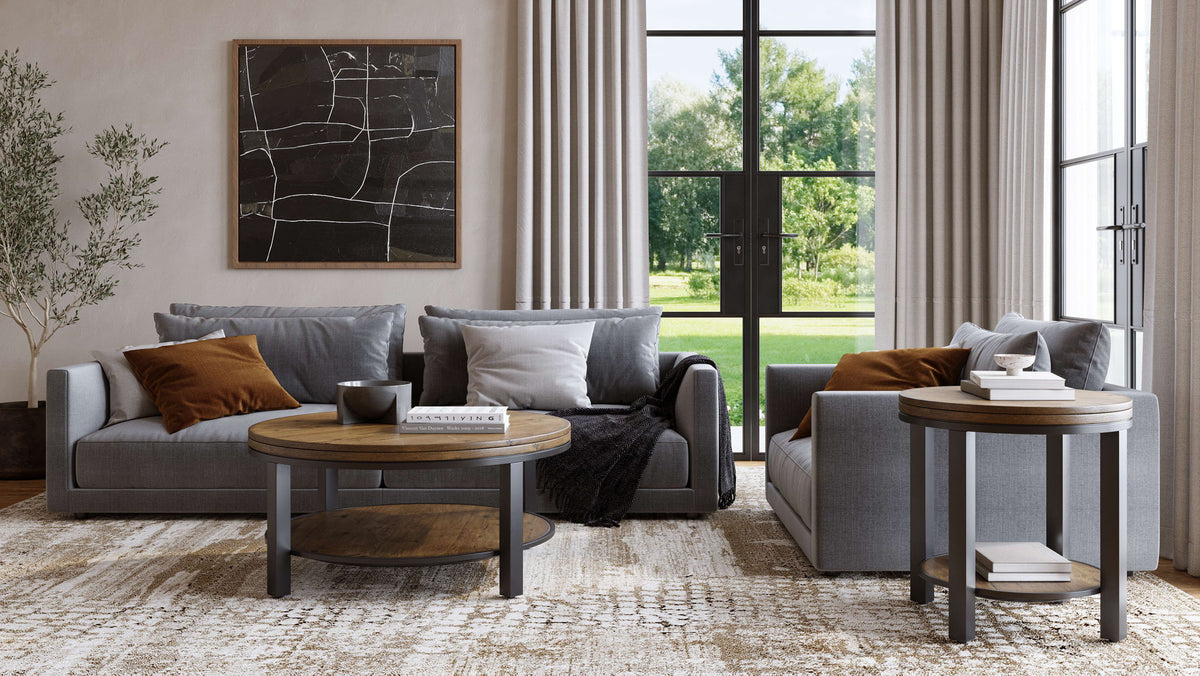 Canyon - Solid Wood And Metal Round Coffee Table - Washed Gray / Black