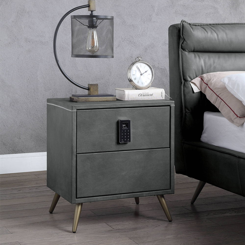 Doris - Nightstand With USB & Electric Lock - Gray Top Grain Leather - Urban Living Furniture (Los Angeles, CA)