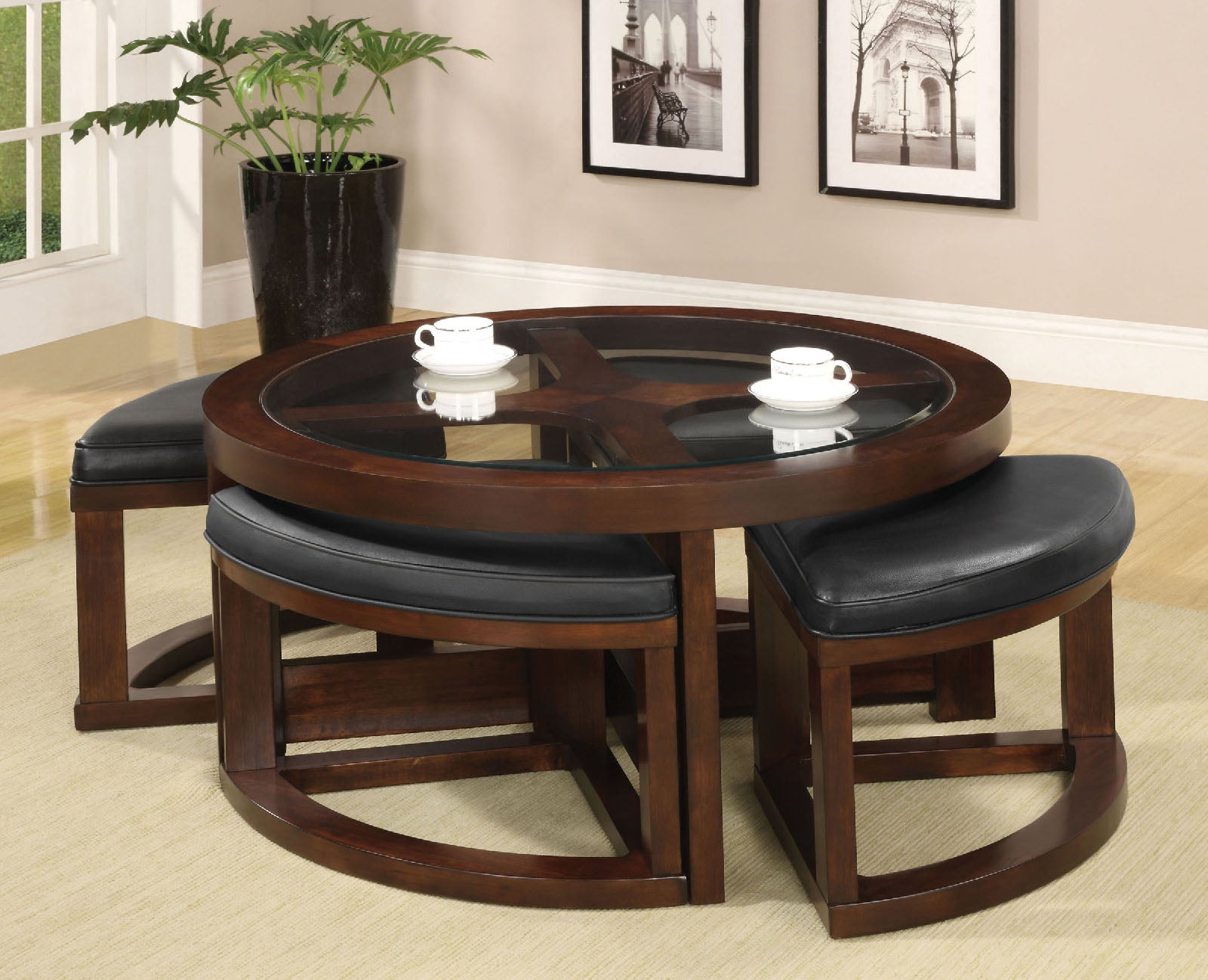 Crystal Cove II Dark Walnut Round Coffee Table w 4 Stools near