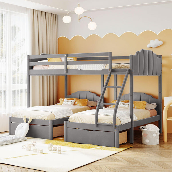 Full over Twin and Twin Bunk Bed with Drawers and Guardrails - Gray image