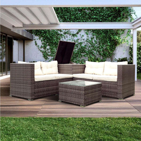4 PCS Patio Sectional Wicker Rattan Outdoor Furniture Sofa Set withStorage Box and Creme Cushion image