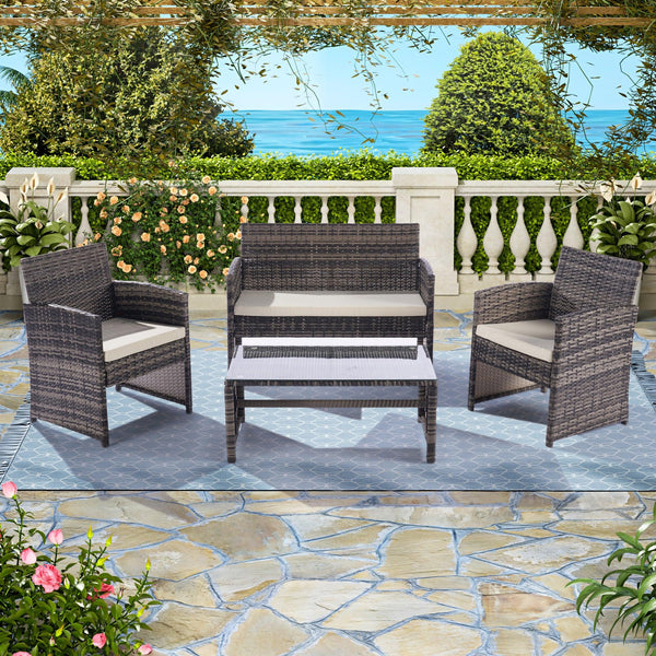 4 PCS Outdoor Rattan Furniture Sofa And Table Set with Beige Cushion image