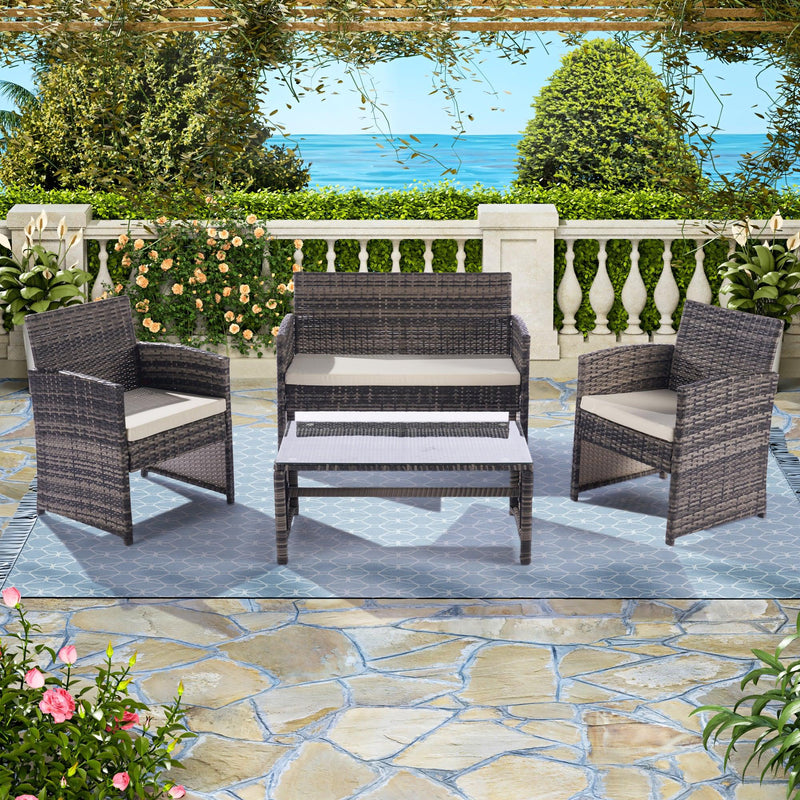 4 PCS Outdoor Rattan Furniture Sofa And Table Set with Beige Cushion image