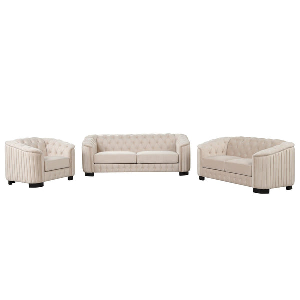 Modern 3-Piece Sofa Sets with Rubber Wood Legs,Velvet Upholstered Couches Sets Including Three Seat Sofa, Loveseat and Single Chair for Living Room Furniture Set,Beige image