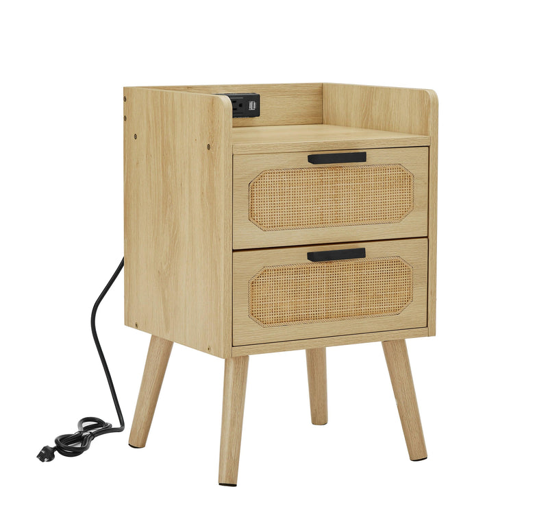 Rattan nightstand with socket side table natural handmade rattan（Natural 15.55’’W*13.78’’D*23.82’’H） image